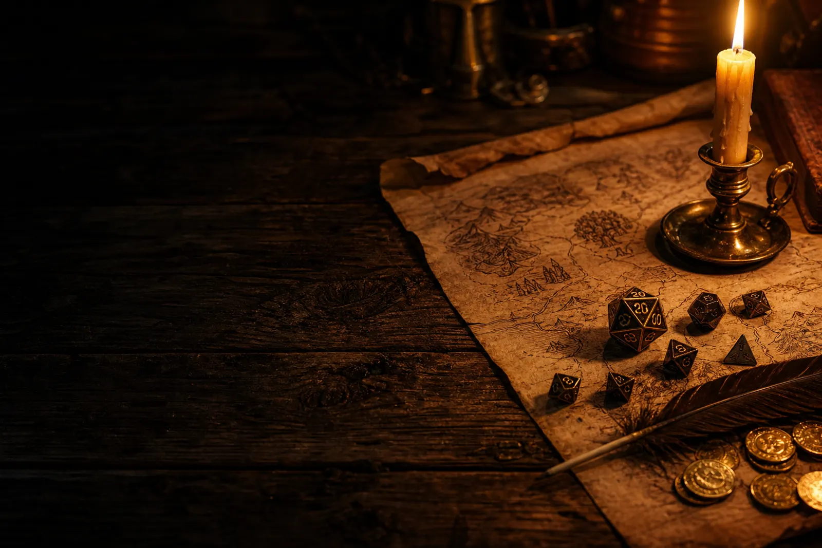 A candlelit tavern tabletop with an aged map, polyhedral dice and a lit candle