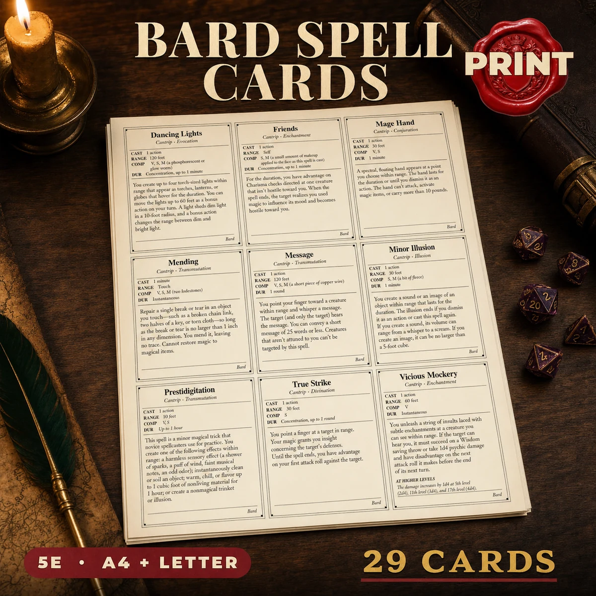 DnD Bard Spell Cards 5e Printable PDF | All 9 Cantrips + 20 Level 1 Spells | A4 + US Letter | Tabletop RPG Reference — All 9 Cantrips + 20 Level 1 Spells | A4 + US Letter | Tabletop RPG Reference