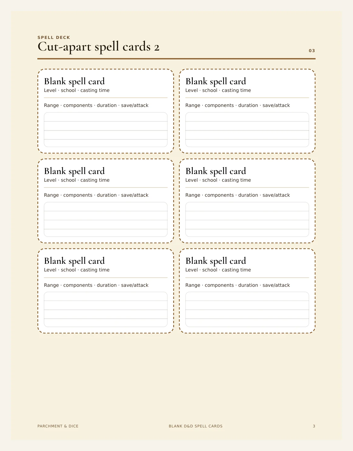 Blank DnD Spell Cards Printable - Build Your Own Fillable 5e Spell Cards - Homebrew TTRPG Print and Cut - Instant Download — Preview page 2