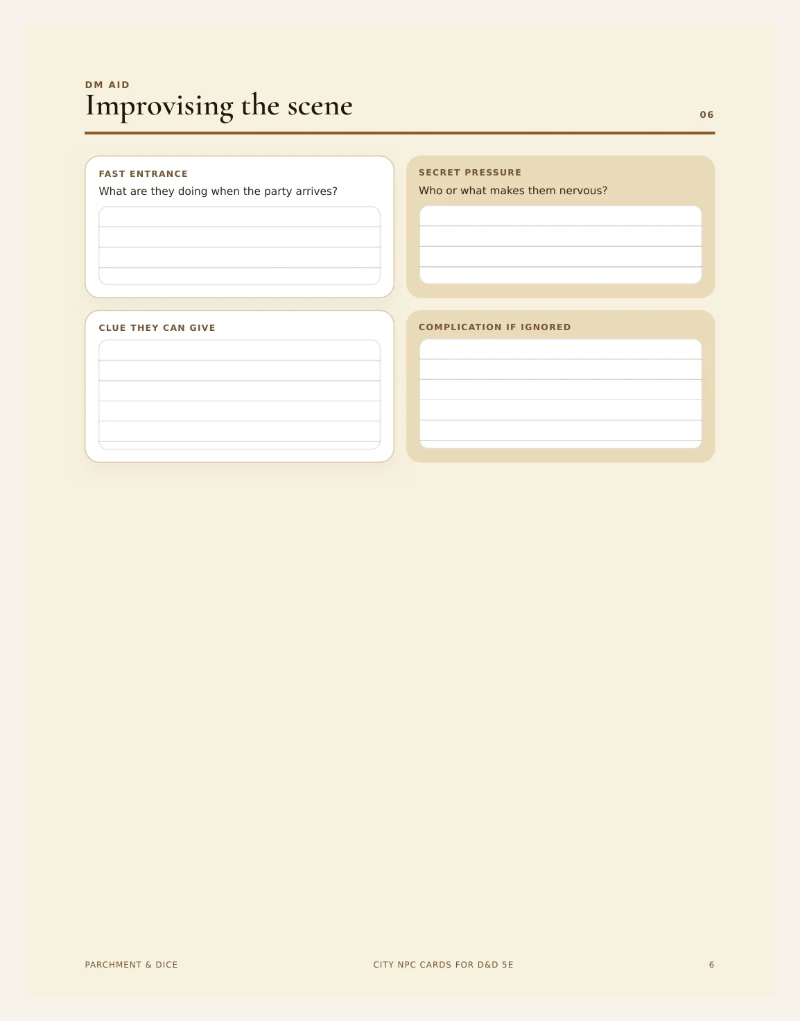 City NPC Cards for DnD 5e | 16 Ready to Drop Urban NPCs with Stat Blocks, Voice and Hooks | Printable DM Tool | A4 and Letter — City Npc Cards Actual Buyer Preview 3