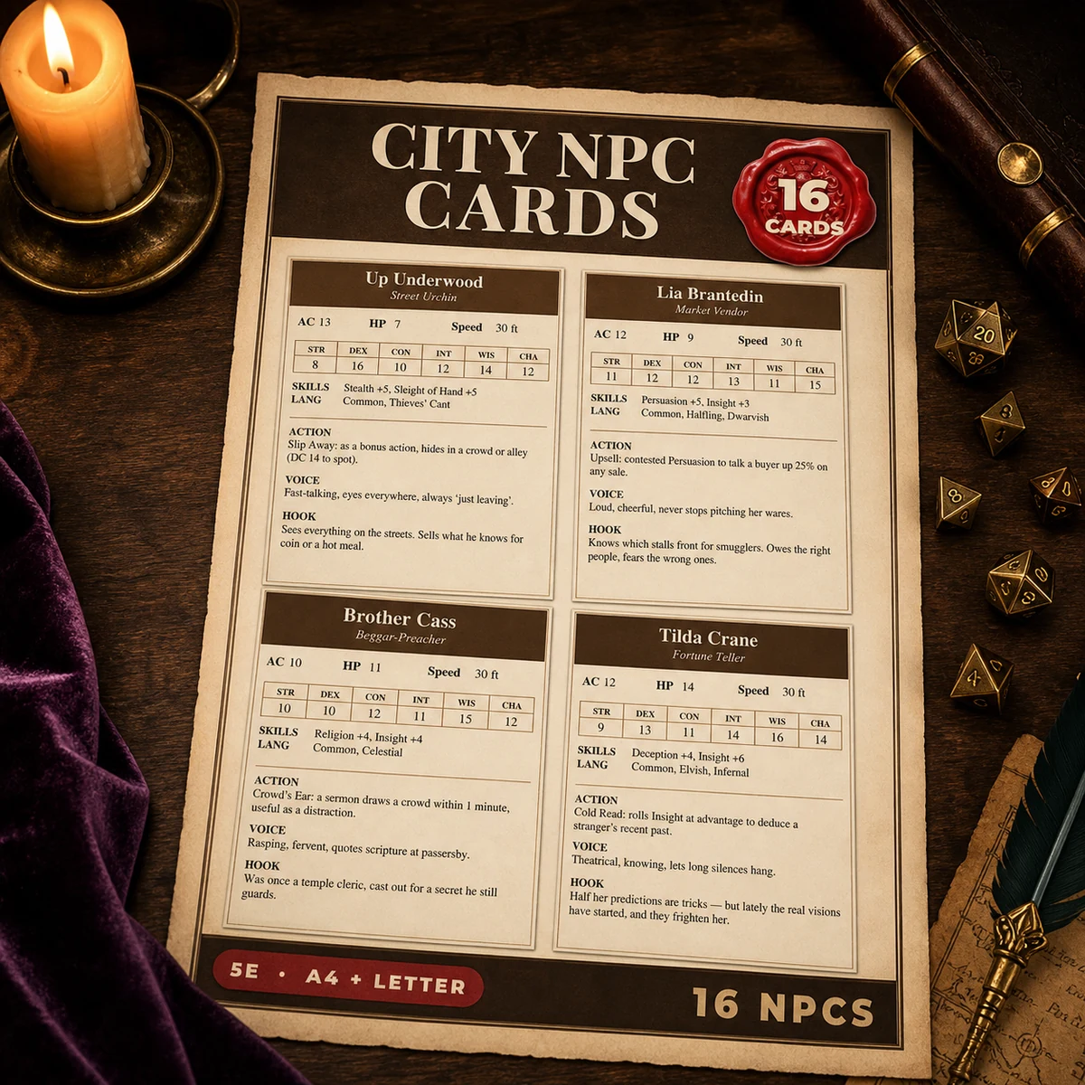 City NPC Cards for DnD 5e | 16 Ready to Drop Urban NPCs with Stat Blocks, Voice and Hooks | Printable DM Tool | A4 and Letter — 16 Ready to Drop Urban NPCs with Stat Blocks, Voice and Hooks | Printable DM Too