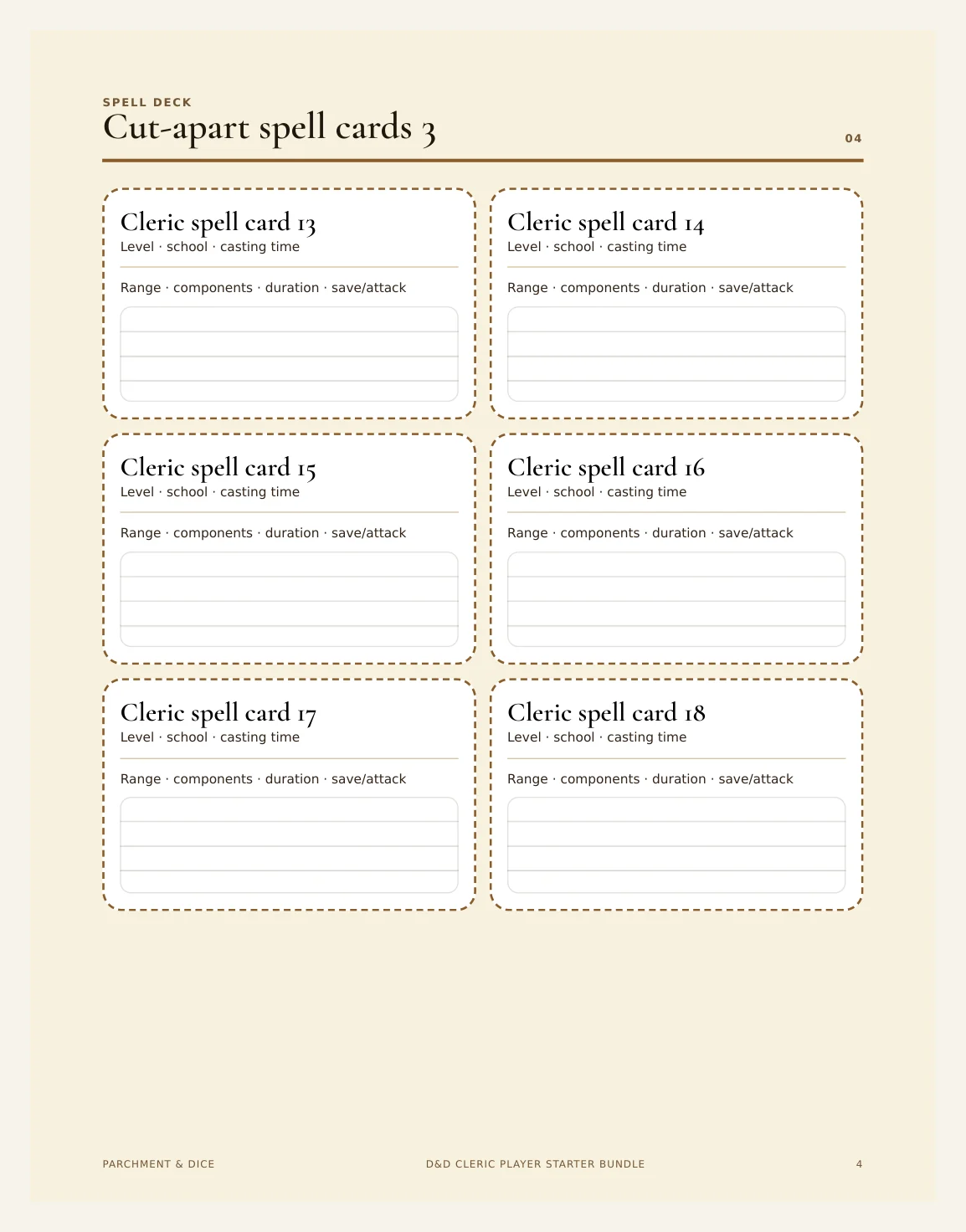 DnD Cleric Player Starter Bundle 5e Printable PDF | Spell Cards Character Journal Death Save Tracker | New Player Gift — Preview page 2