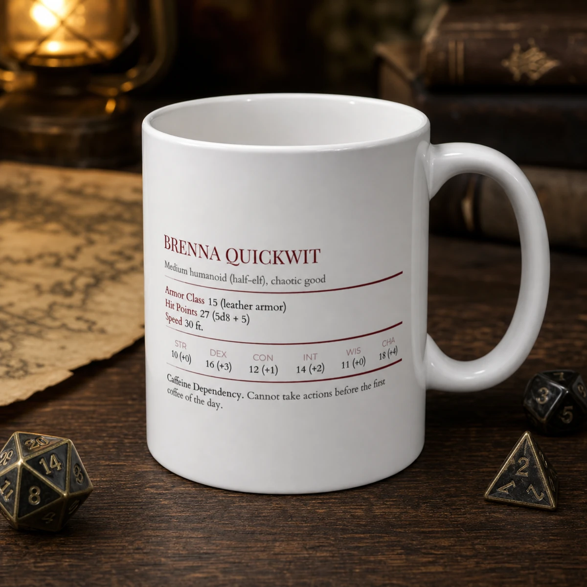 Custom Character Stat Block Mug — 11oz — Your character name, class and key stats on a ceramic mug