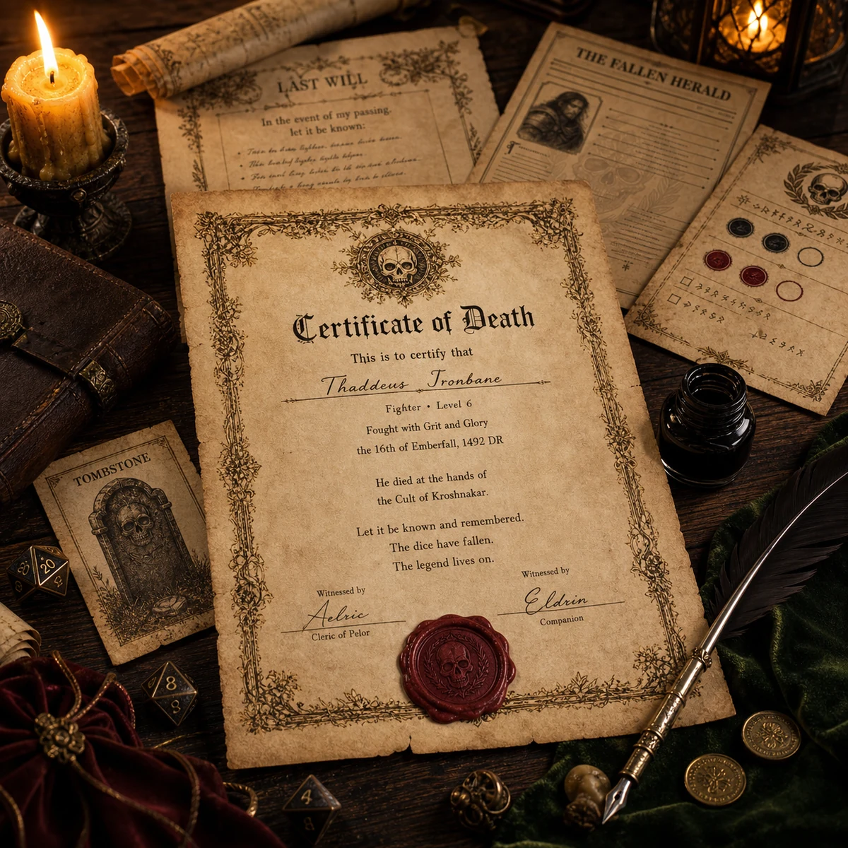 DnD Character Death Kit 5e Printable PDF | Death Certificate Last Will Tombstone Obituary Save Tracker | Funny DM Gift — Death Certificate Last Will Tombstone Obituary Save Tracker | Funny DM Gift