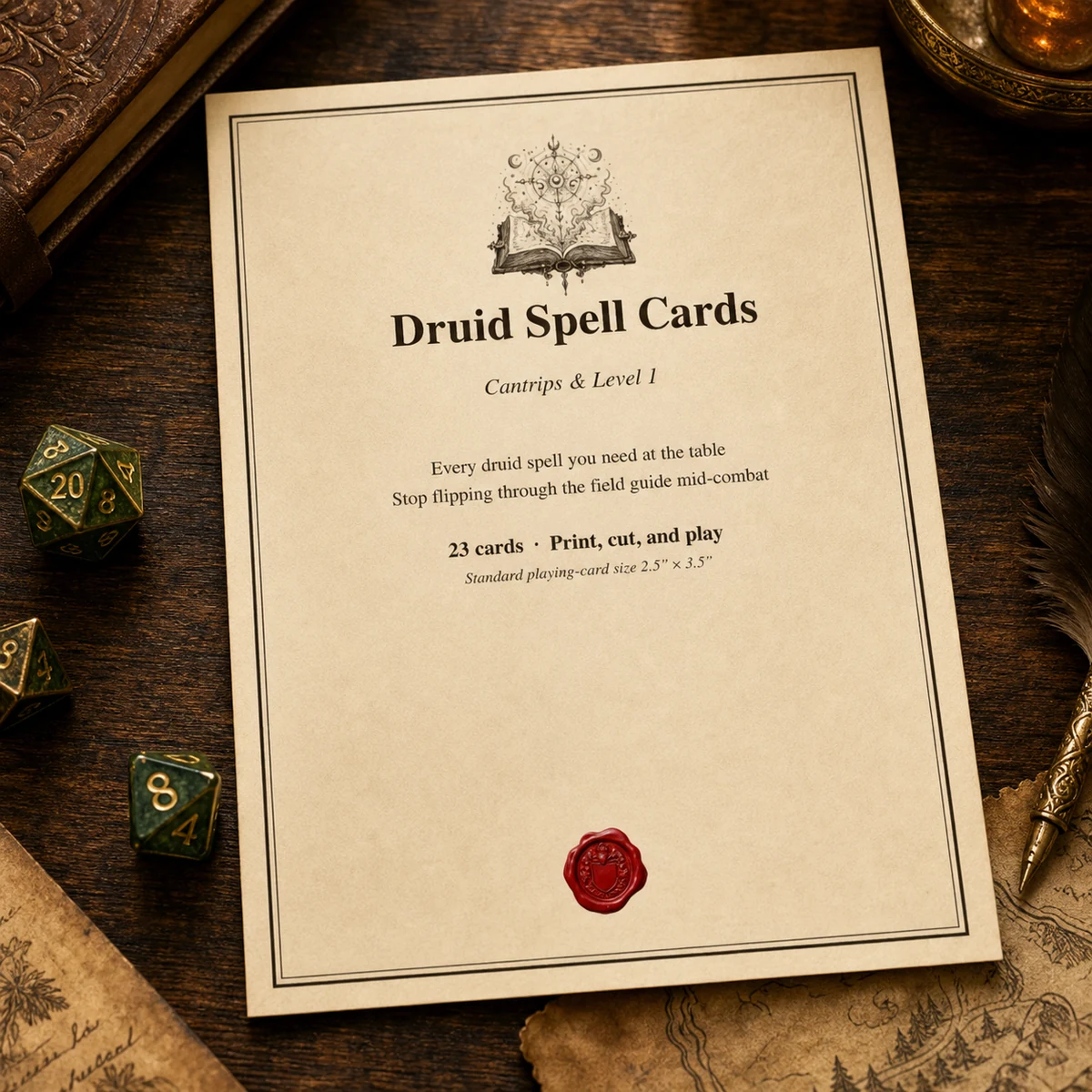 DnD Druid Spell Cards 5e Printable PDF — All druid cantrips + level 1 spells