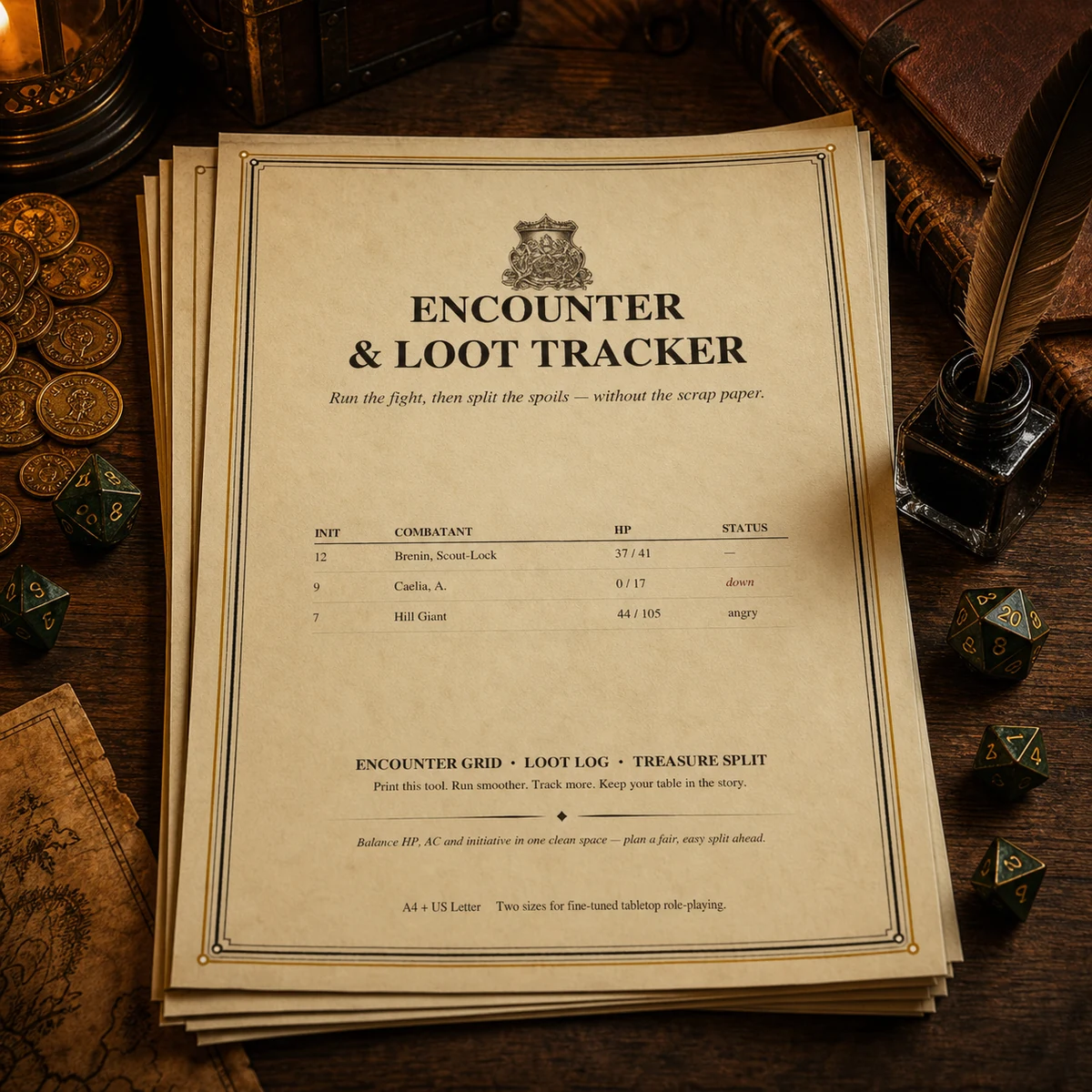 DnD Encounter and Loot Tracker Printable — Initiative + treasure-split combat tracker
