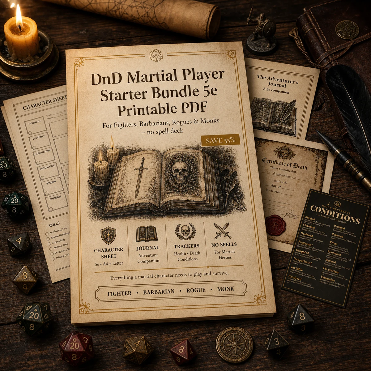 DnD Martial Player Starter Bundle 5e Printable PDF | Fighter Barbarian Rogue Monk | Character Sheet Journal Trackers No Spells — Fighter Barbarian Rogue Monk | Character Sheet Journal Trackers No Spells