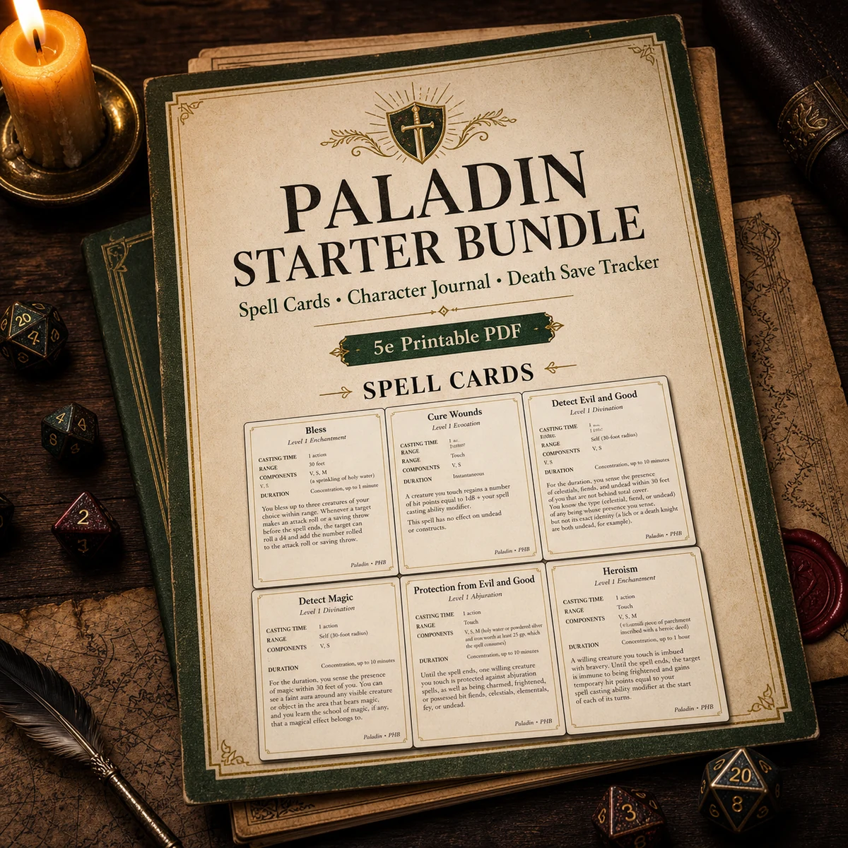 DnD Paladin Player Starter Bundle 5e Printable PDF | Spell Cards Character Journal Death Save Tracker | New Player Gift — Spell Cards Character Journal Death Save Tracker | New Player Gift