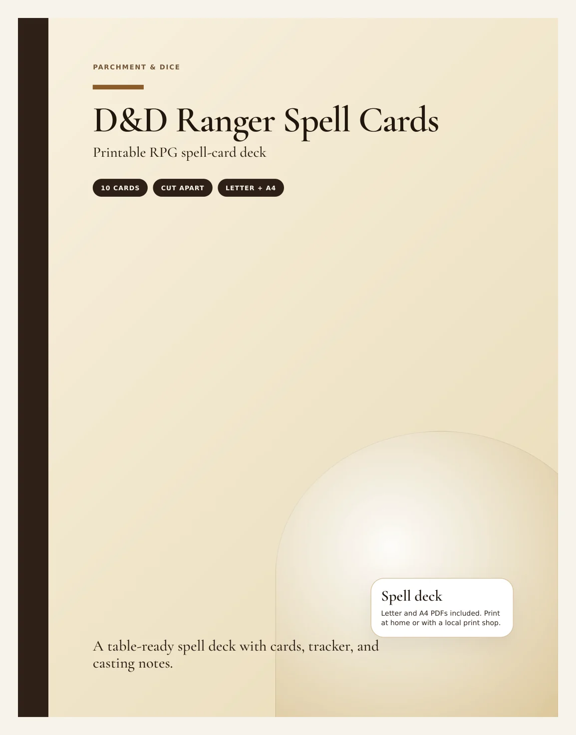 DnD Ranger Spell Cards 5e Printable PDF | All 10 Level 1 Spells | A4 + US Letter | Tabletop RPG Reference — Preview page 1