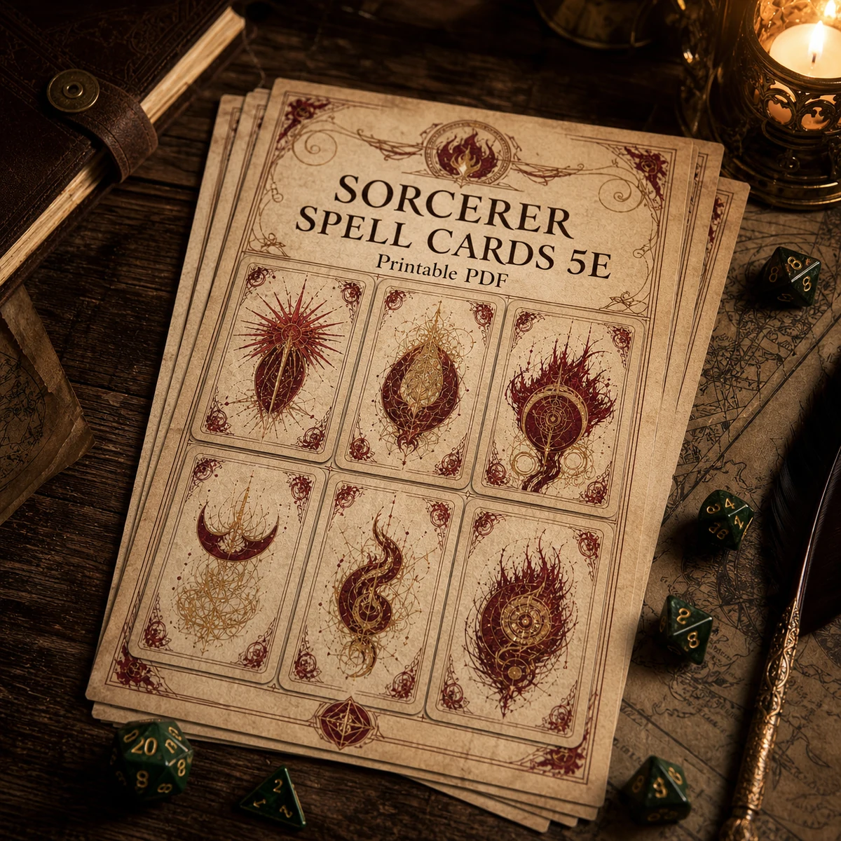 DnD Sorcerer Spell Cards 5e Printable PDF — All sorcerer cantrips + level 1 spells