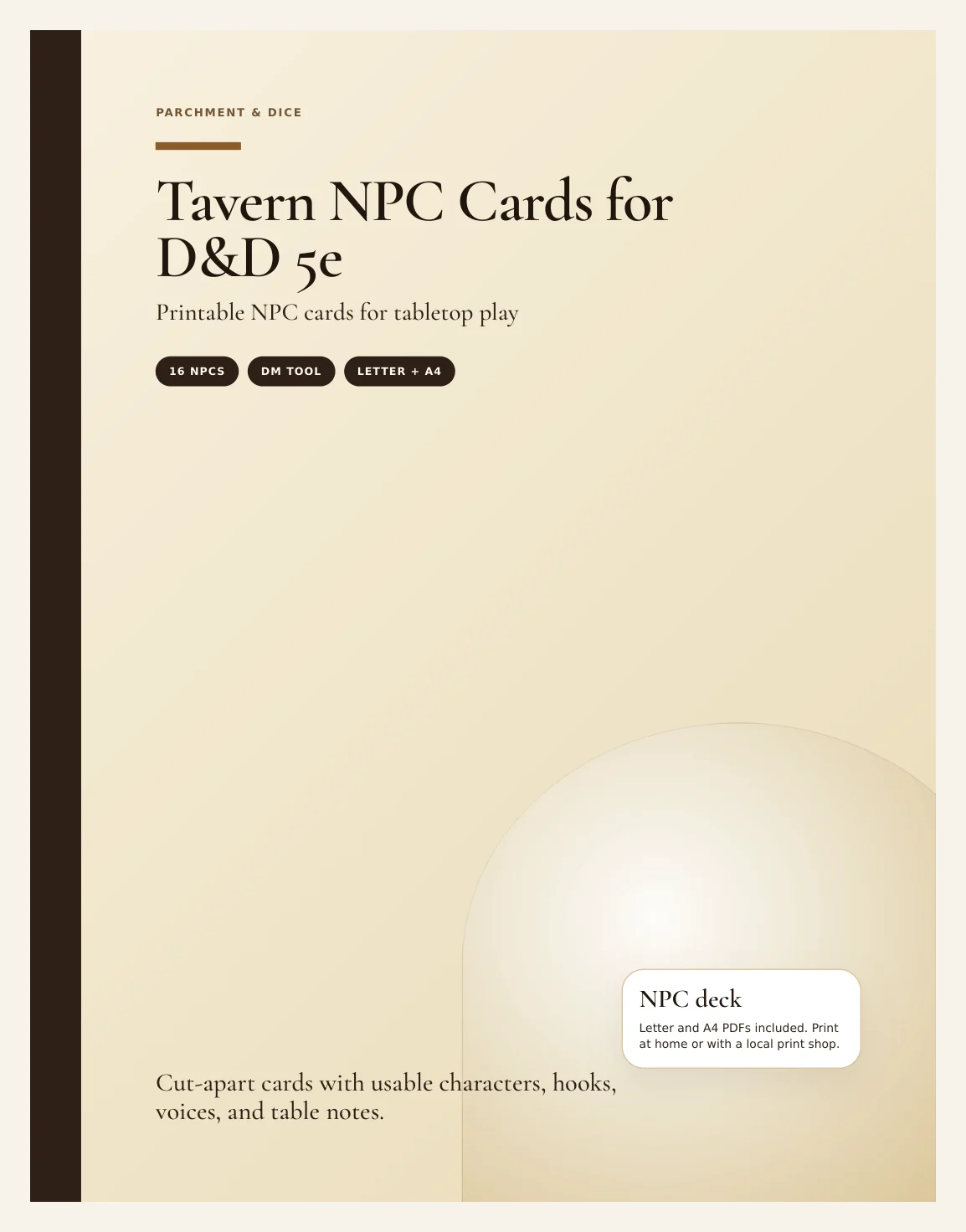 Tavern NPC Cards for DnD 5e | 16 Ready to Drop Tavern NPCs with Stat Blocks, Voice and Hooks | Printable DM Tool | A4 and Letter — Preview page 1