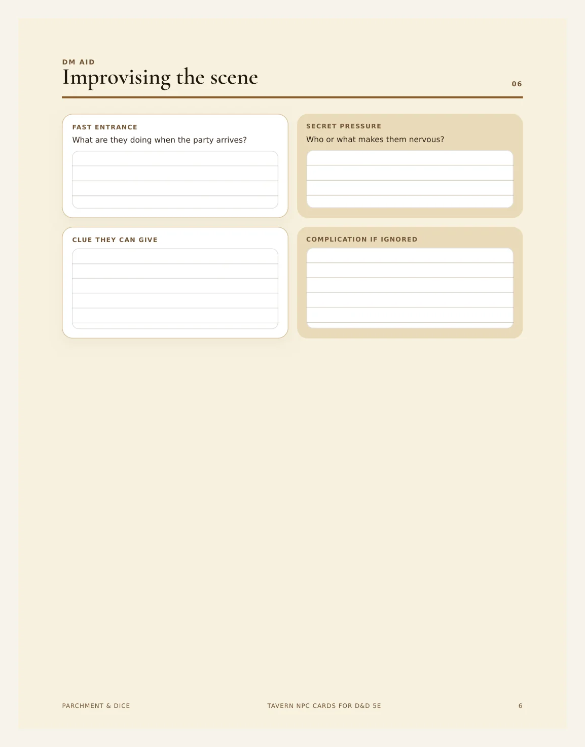 Tavern NPC Cards for DnD 5e | 16 Ready to Drop Tavern NPCs with Stat Blocks, Voice and Hooks | Printable DM Tool | A4 and Letter — Tavern Npc Cards Actual Buyer Preview 3