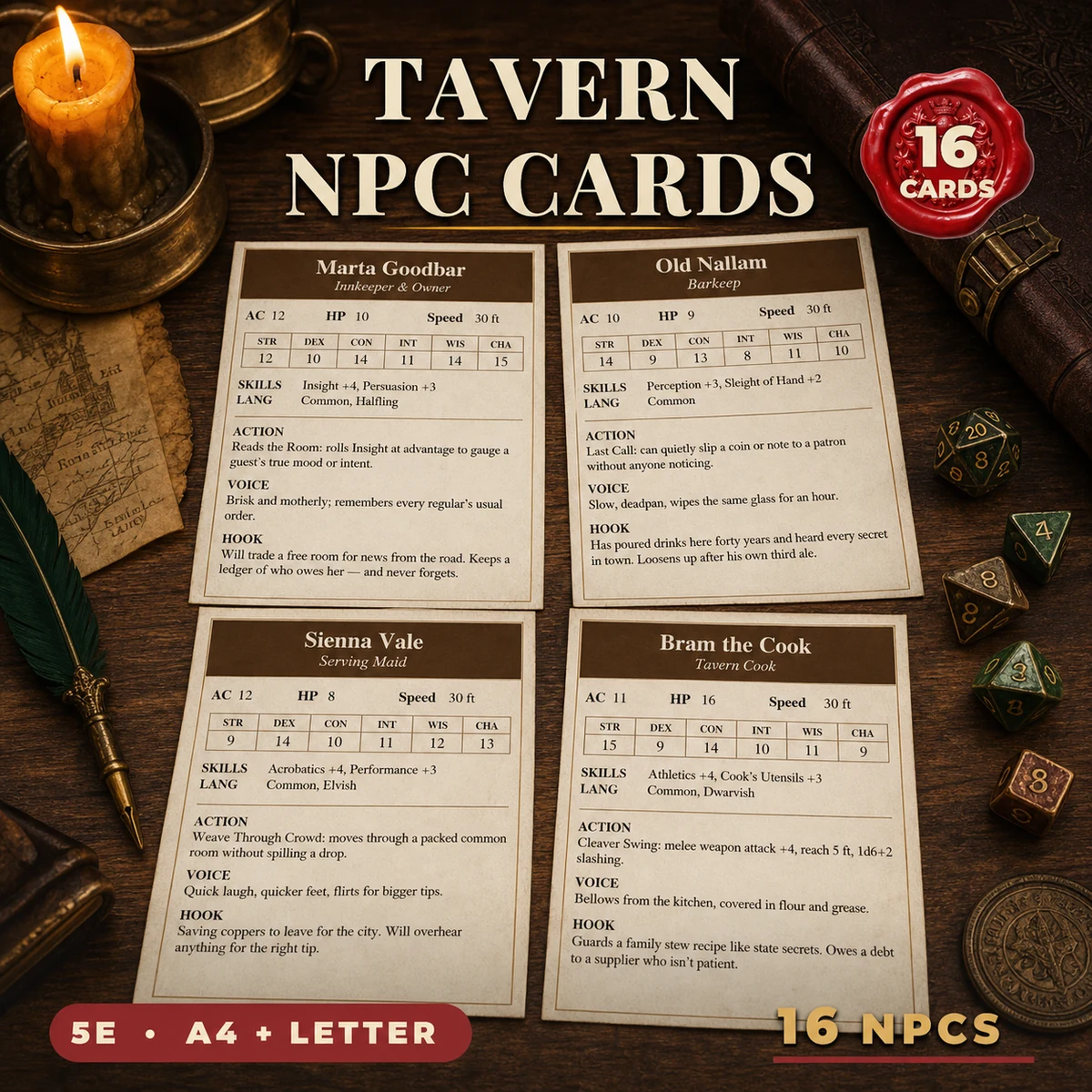 Tavern NPC Cards for DnD 5e | 16 Ready to Drop Tavern NPCs with Stat Blocks, Voice and Hooks | Printable DM Tool | A4 and Letter — 16 Ready to Drop Tavern NPCs with Stat Blocks, Voice and Hooks | Printable DM To